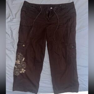 Brown Cargo Pants with Floral Embroidery